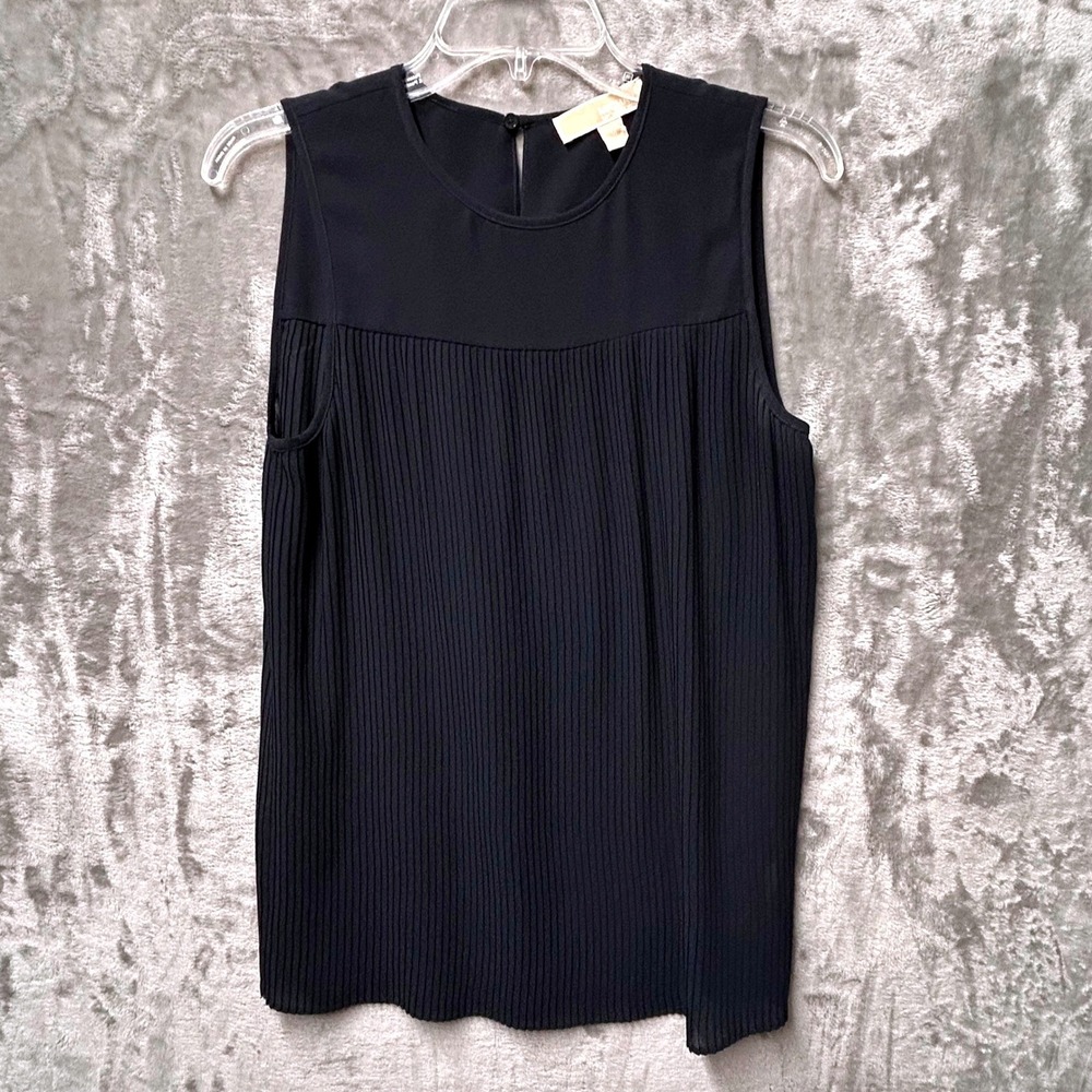 Michael Kors Navy Blue Pleated Blouse Sleeveless Round Neck Top Women's Medium